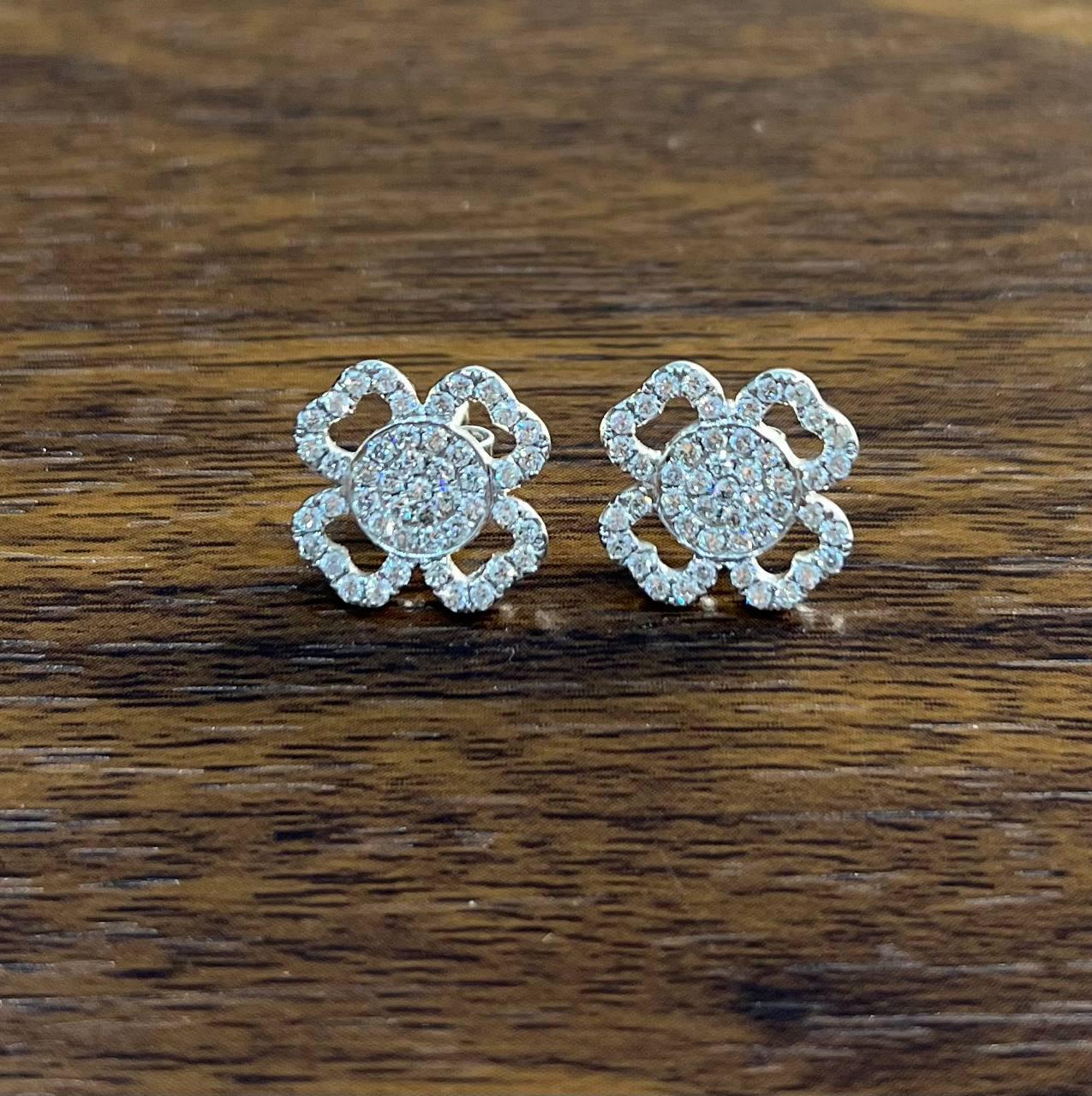 Diamond Pave Set Lucky Clover Charm Halo 18K White Gold Stud Statement Earrings
