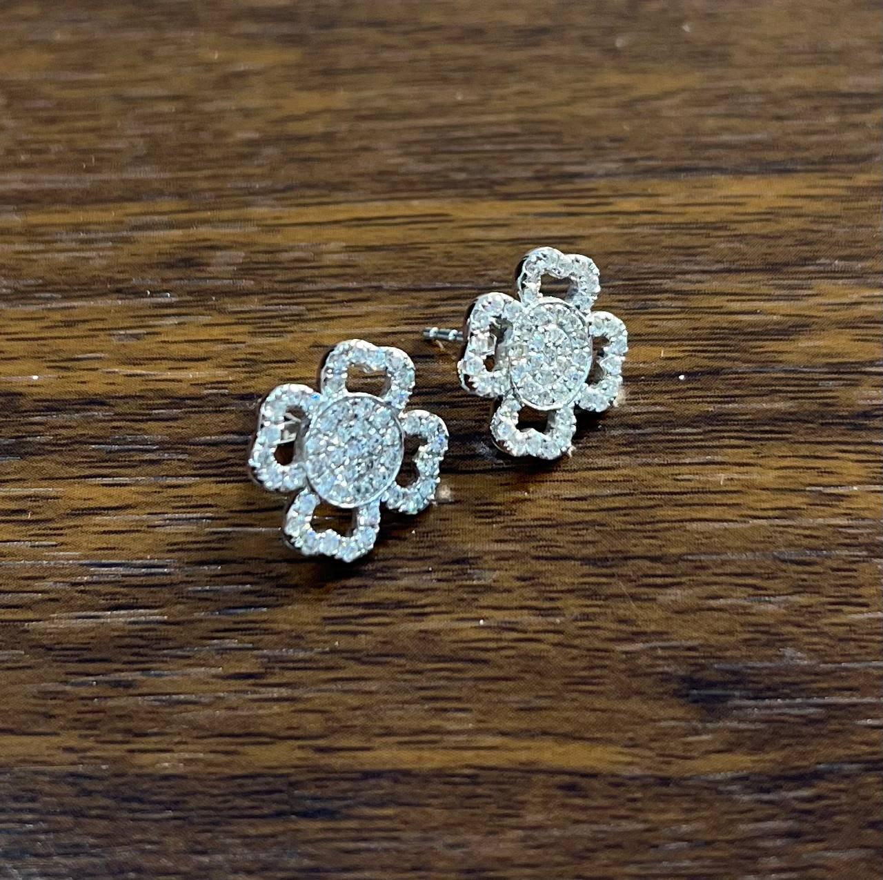 Diamond Pave Set Lucky Clover Charm Halo 18K White Gold Stud Statement Earrings