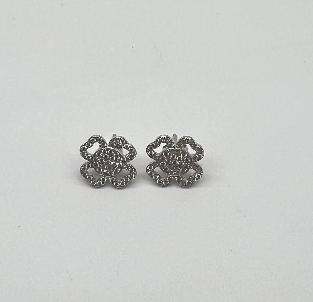 Diamond Pave Set Lucky Clover Charm Halo 18K White Gold Stud Statement Earrings
