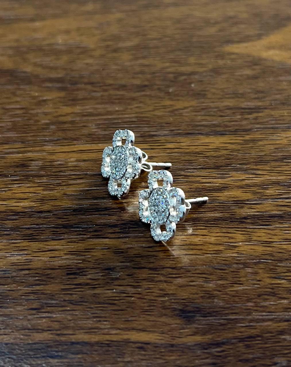 Diamond Pave Set Lucky Clover Charm Halo 18K White Gold Stud Statement Earrings