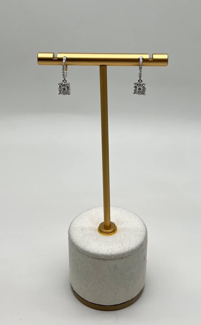 Diamonds Round Shape Pave Set Cluster Halo 14K White Gold Huggie Earrings