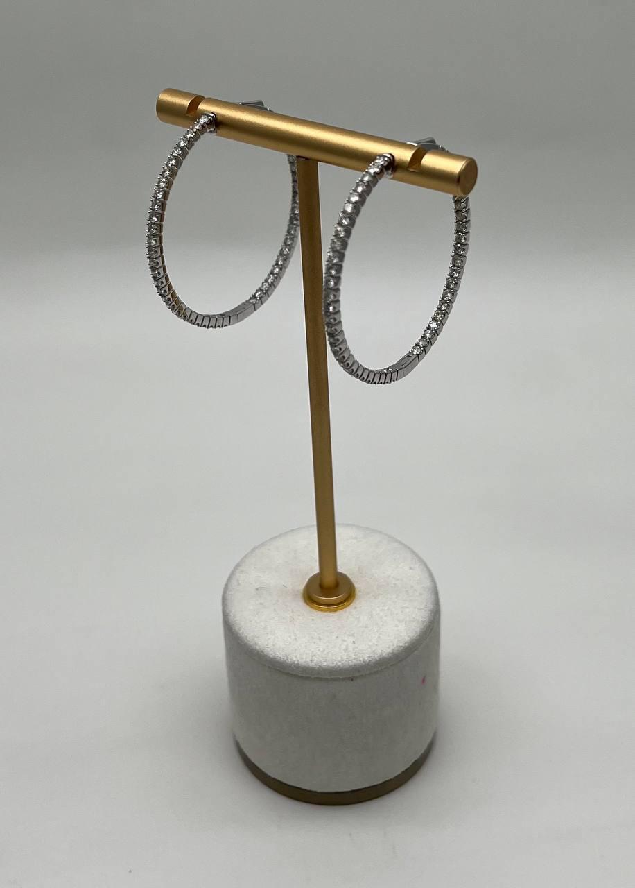 Classic Round Diamond Brilliant Cut 14K White Gold Medium Hoop Large Earrings