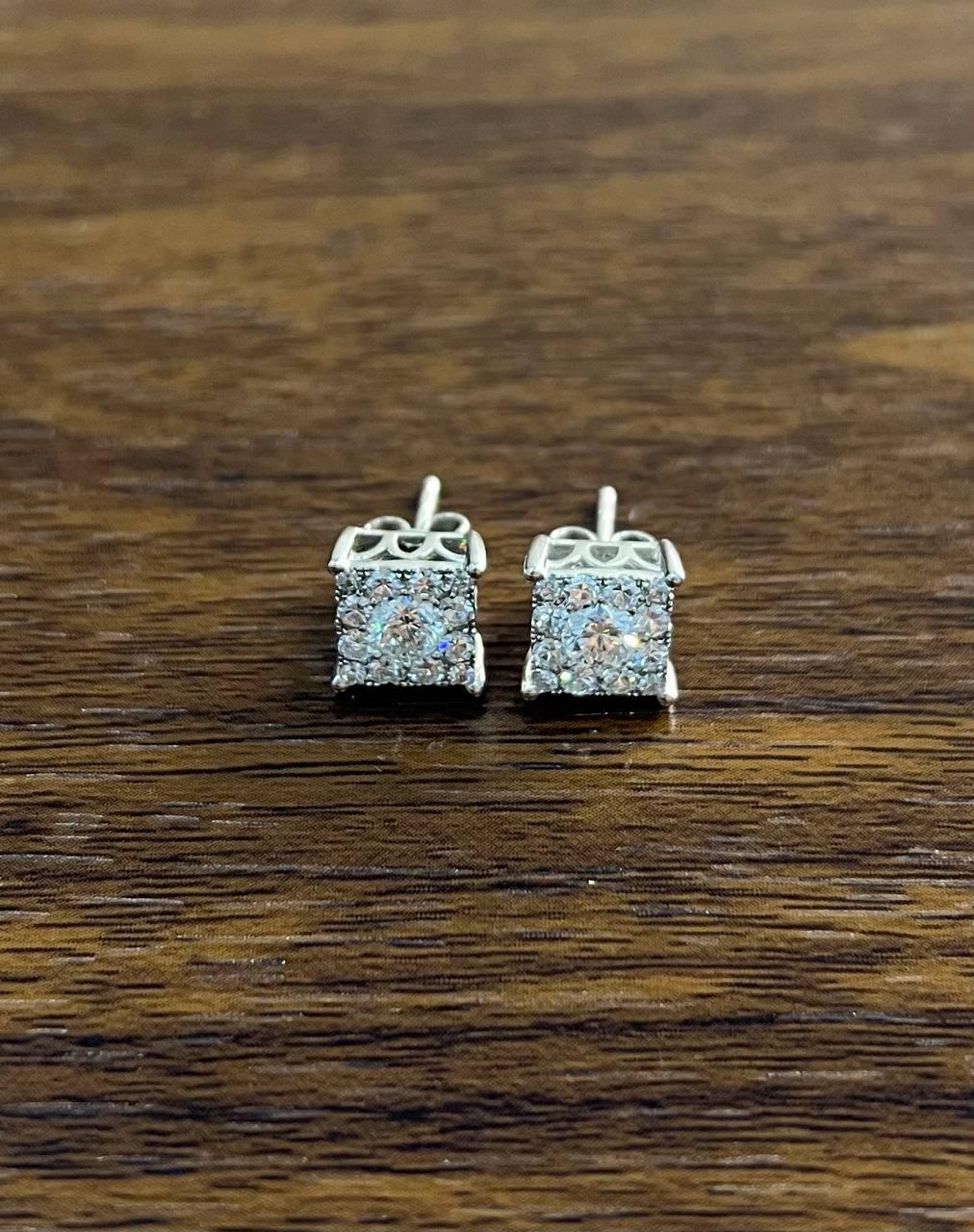 Diamond Square Shape Cluster Pave Set Halo Set 14K White Gold Stud Earrings