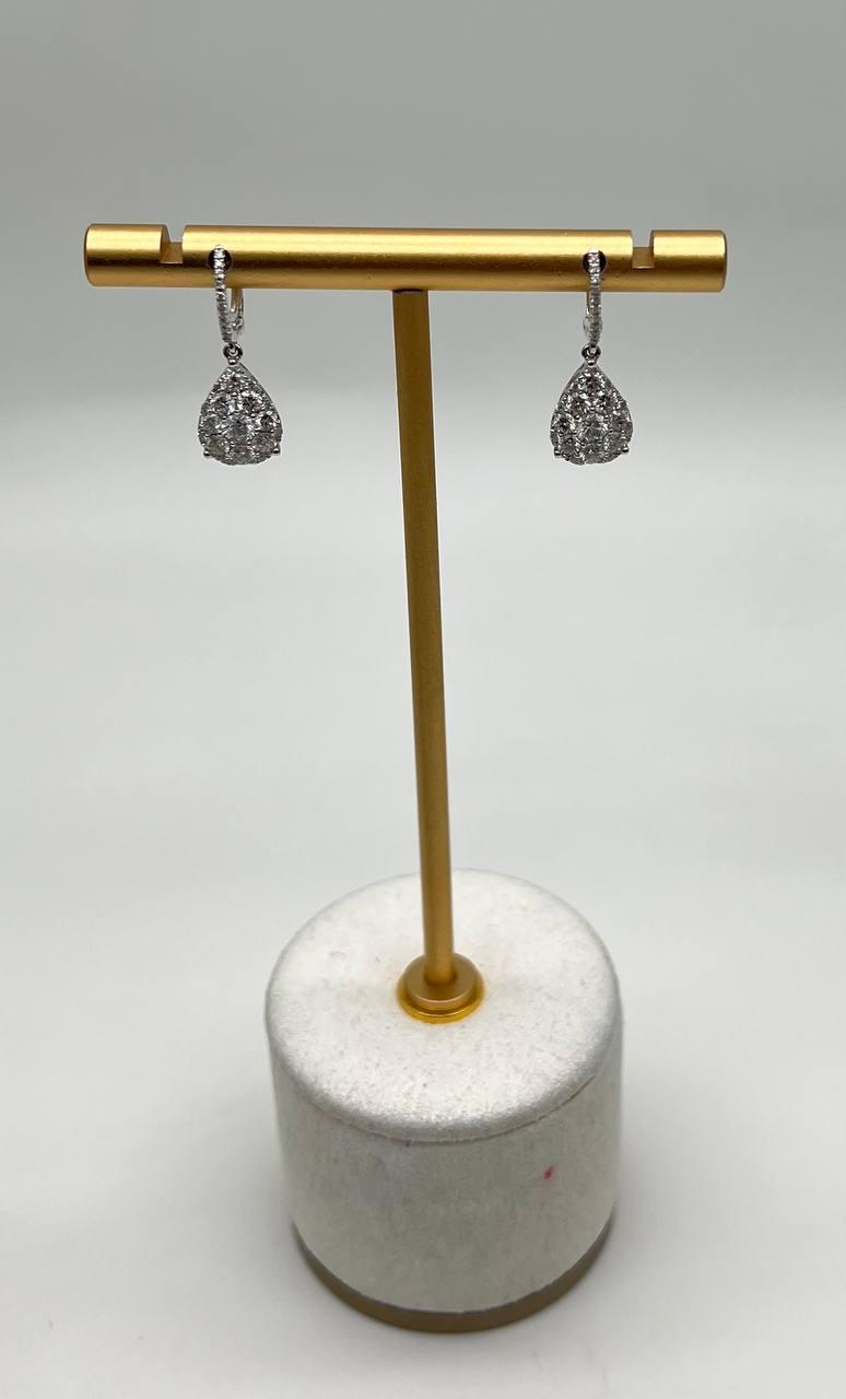 Pear Teardrop Shape Pave Hidden Halo Cluster Set 14K White Gold Dangle Earrings