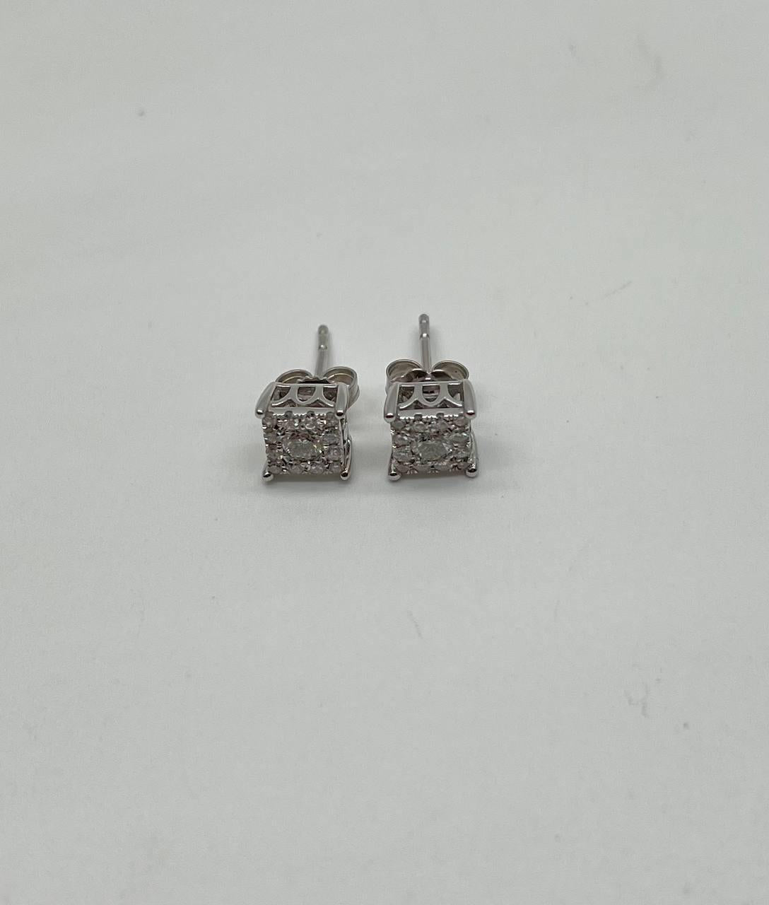 Diamond Square Shape Cluster Pave Set Halo Set 14K White Gold Stud Earrings