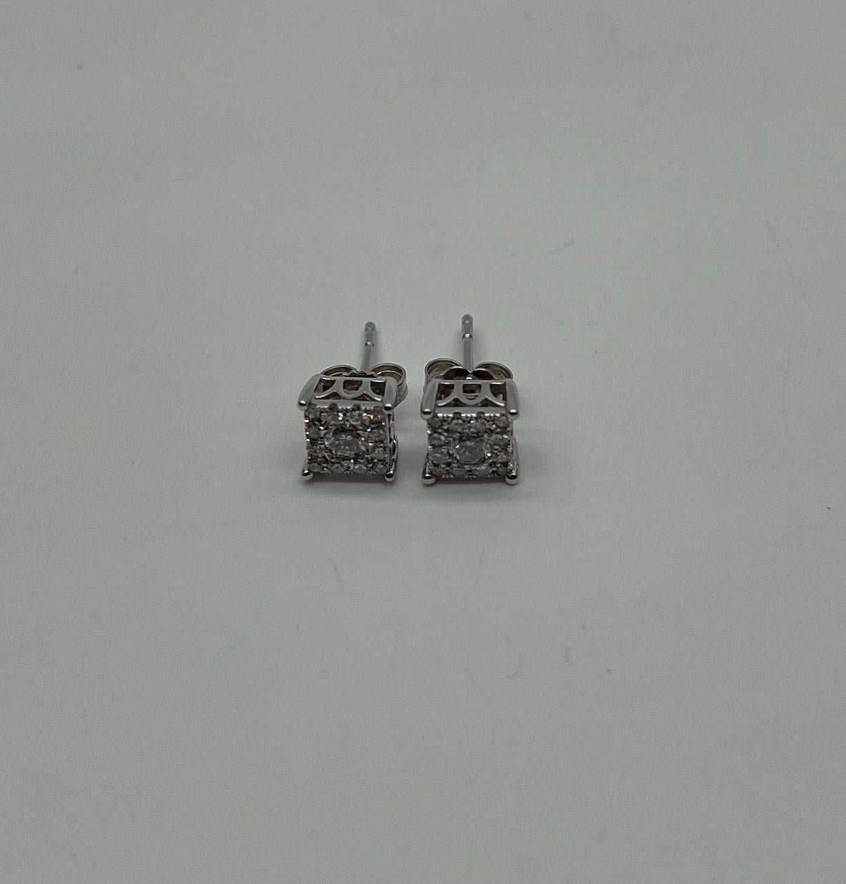 Diamond Square Shape Cluster Pave Set Halo Set 14K White Gold Stud Earrings