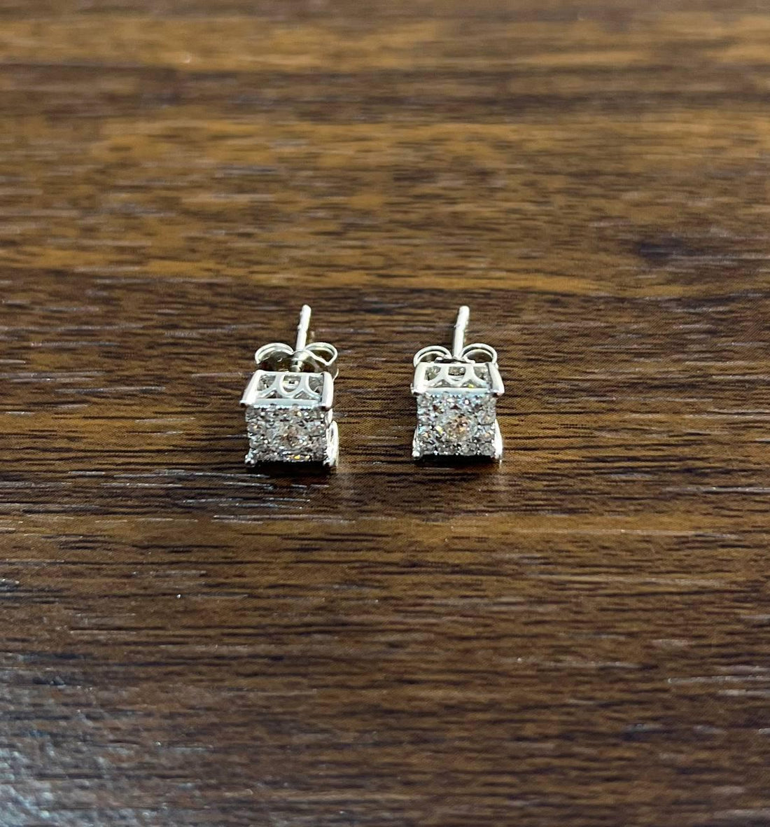 Diamond Square Shape Cluster Pave Set Halo Set 14K White Gold Stud Earrings