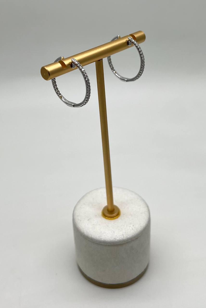 Classic Round Diamond Brilliant Cut 14K White Gold Medium Hoop Huggie Earrings