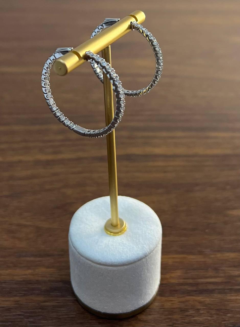 Classic Round Diamond Brilliant Cut 14K White Gold Medium Hoop Large Earrings