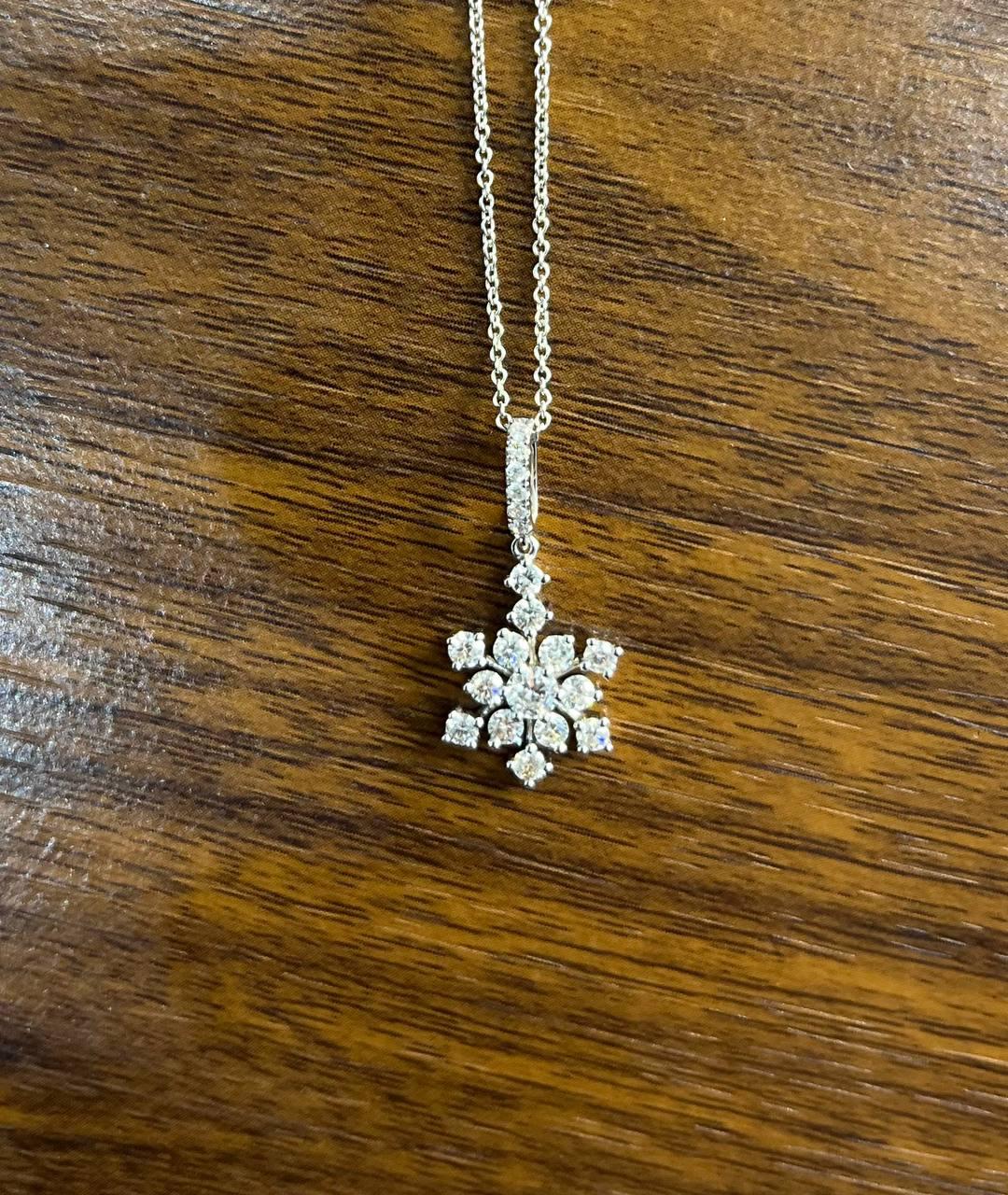 Diamond Snowflake Floral Flower Symbol Motif 14K White Gold Pendant Chain Neckla