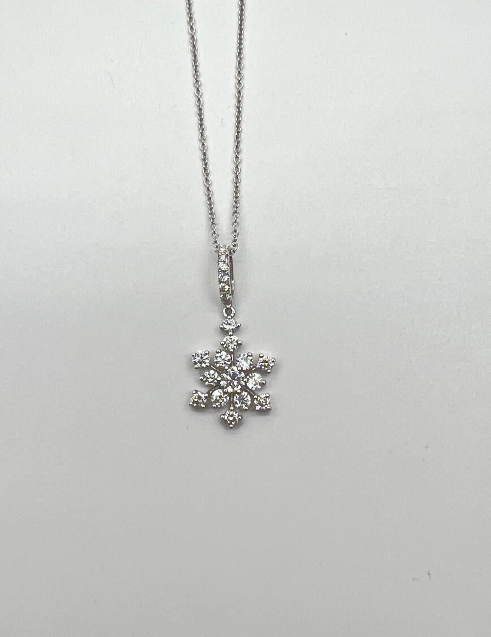 Diamond Snowflake Floral Flower Symbol Motif 14K White Gold Pendant Chain Neckla
