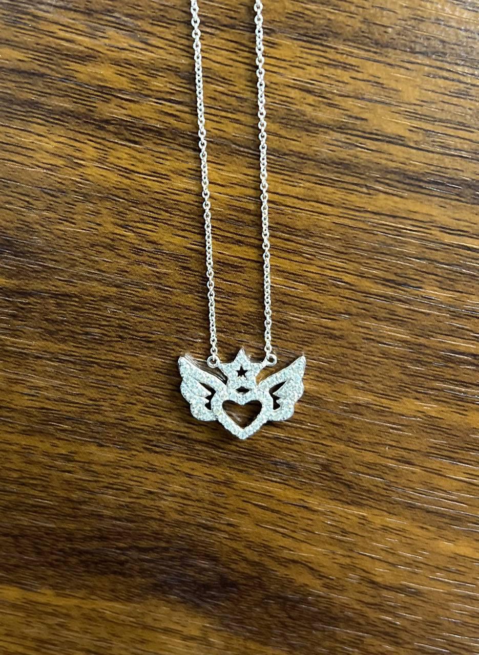 Heart Angle Wings Star Diamond Halo Set 18K White Gold Chain Pendant Necklace