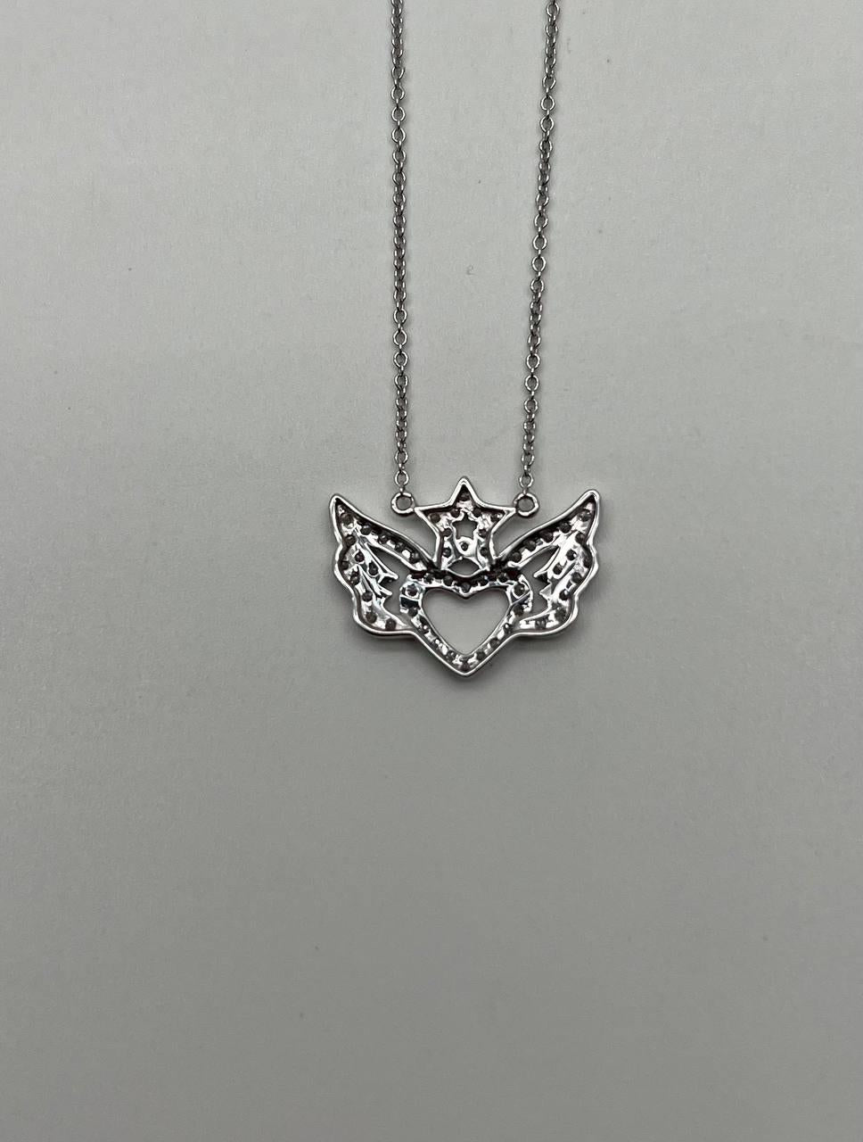 Heart Angle Wings Star Diamond Halo Set 18K White Gold Chain Pendant Necklace
