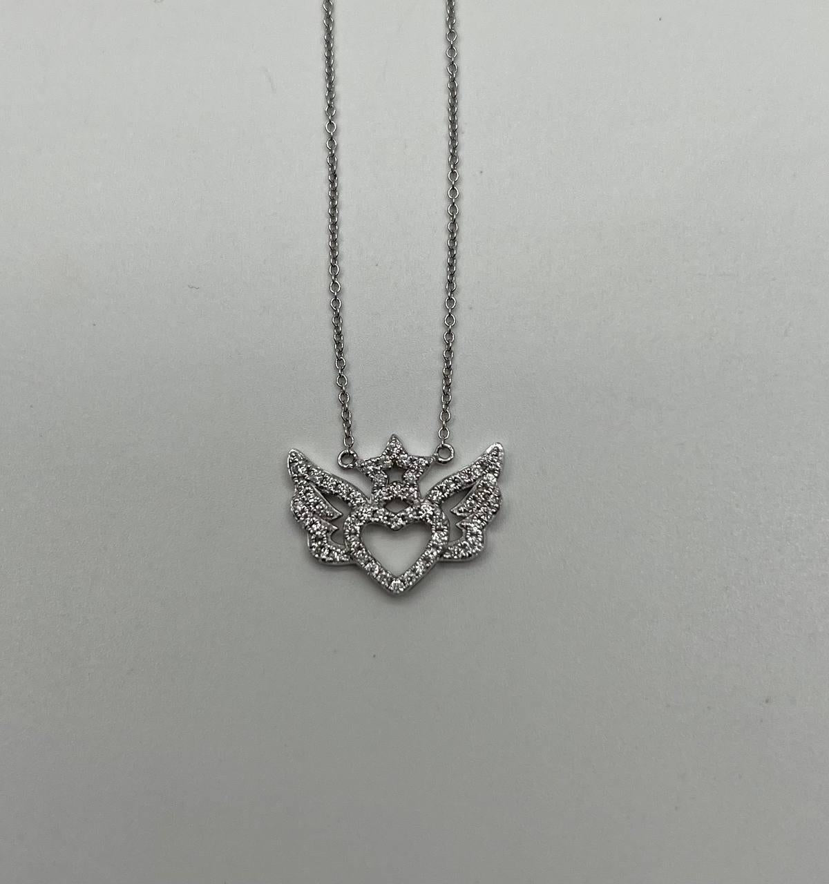 Heart Angle Wings Star Diamond Halo Set 18K White Gold Chain Pendant Necklace