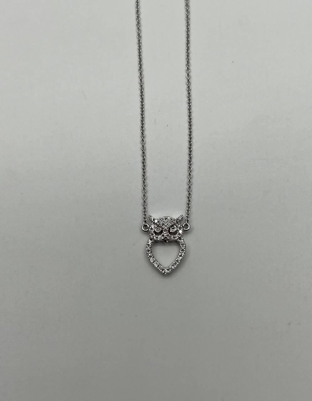 Owl Bird Heart Symbol Diamonds Halo Motif 18K White Gold Pendant Chain Necklace