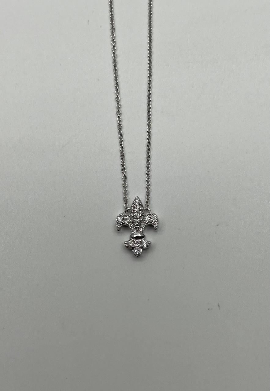 Fleur-de-lis Symbol Lily Floral Flower Diamond Motif White Gold Pendant Necklace