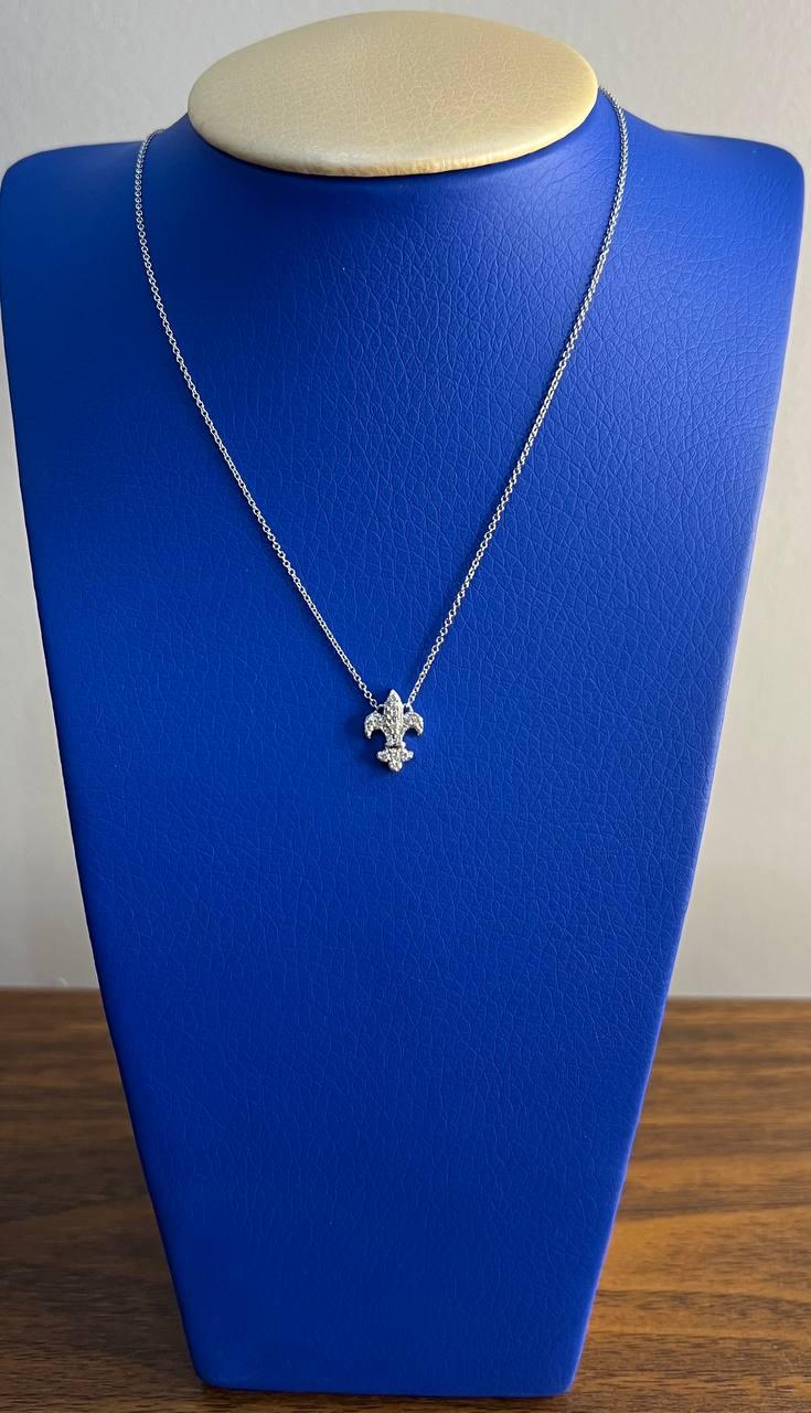 Fleur-de-lis Symbol Lily Floral Flower Diamond Motif White Gold Pendant Necklace