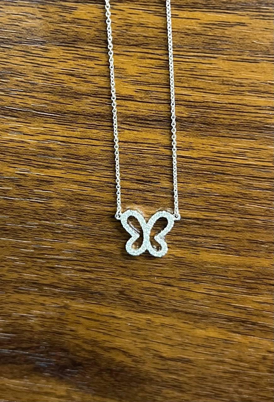 Butterfly Set Diamonds Halo Motif 18K Karat White Gold Pendant Chain Necklace