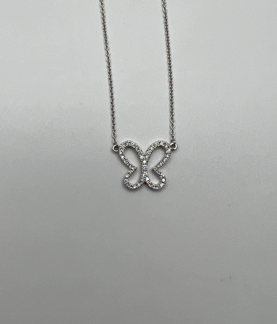 Butterfly Set Diamonds Halo Motif 18K Karat White Gold Pendant Chain Necklace
