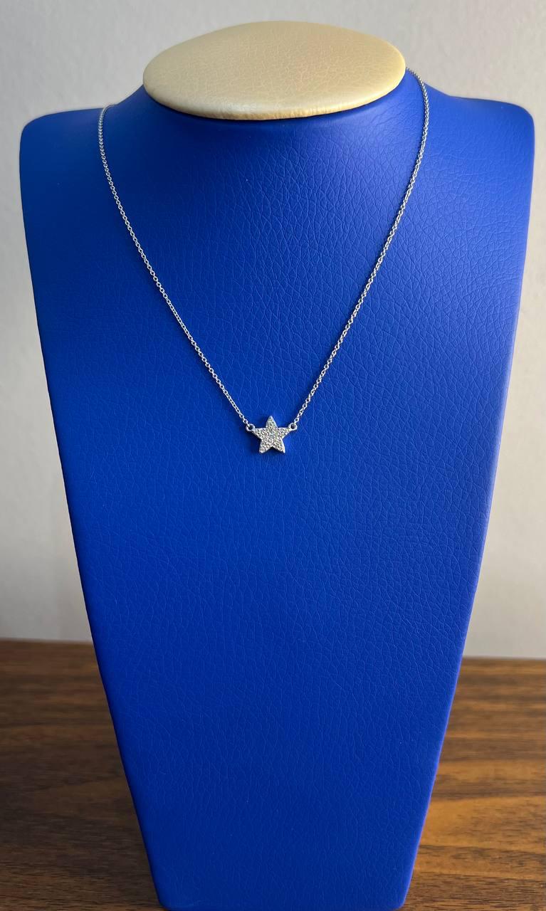Star Pave Set Diamonds Halo Motif 14K Karat White Gold Pendant Chain Necklace