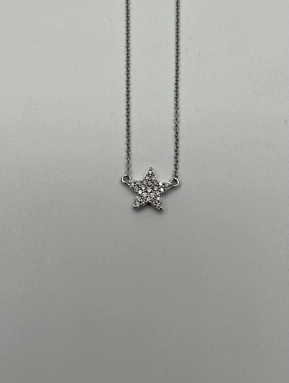 Star Pave Set Diamonds Halo Motif 14K Karat White Gold Pendant Chain Necklace