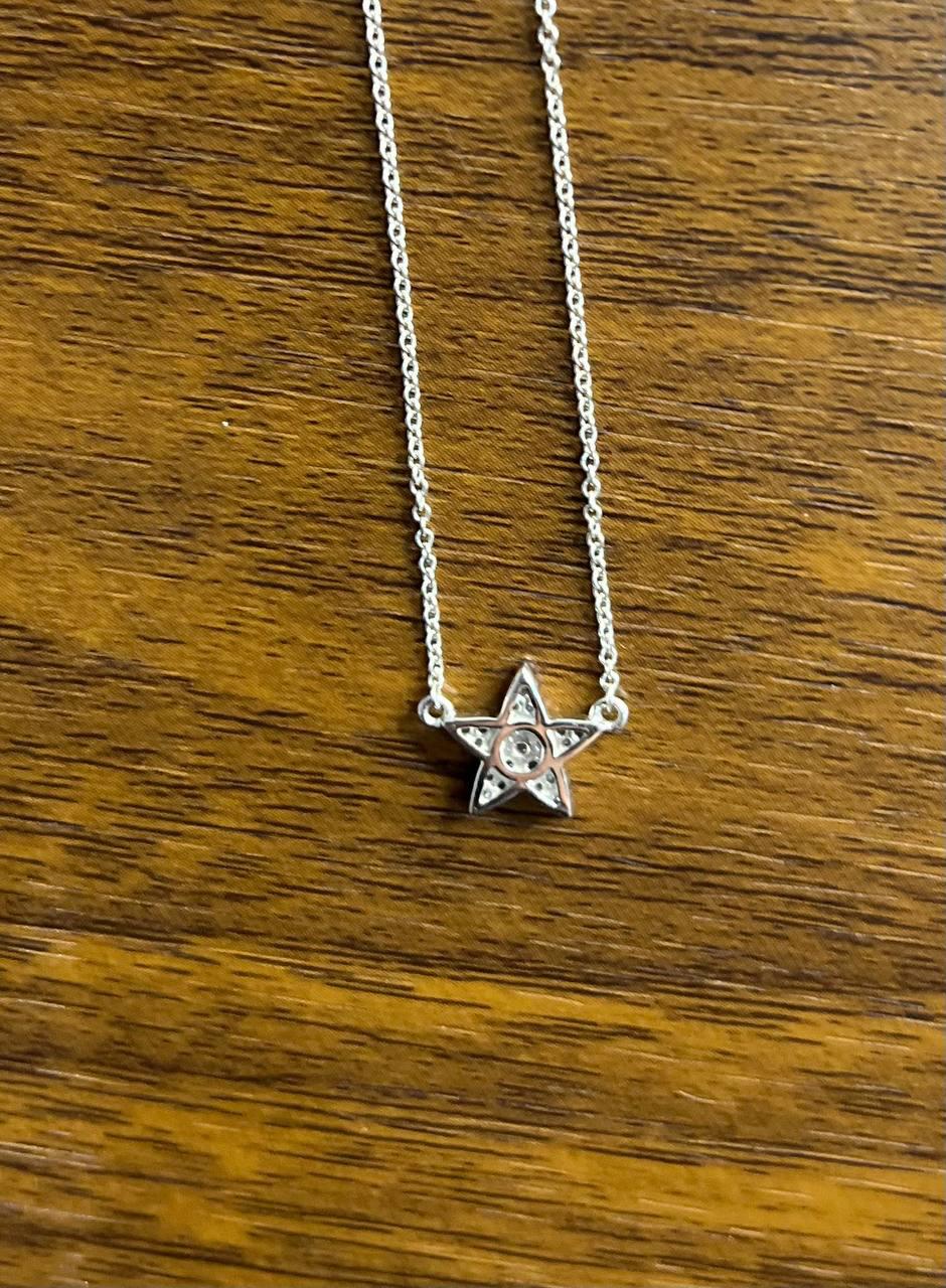 Star Pave Set Diamonds Halo Motif 14K Karat White Gold Pendant Chain Necklace