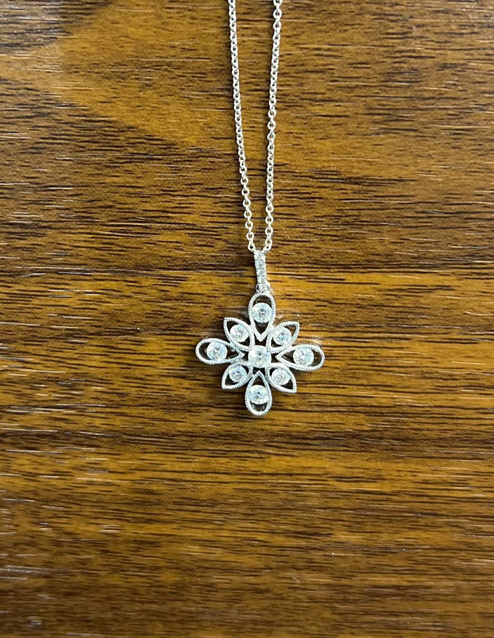 Diamond Snowflake Floral Flower Symbol Motif White Gold Pendant Chain Necklace