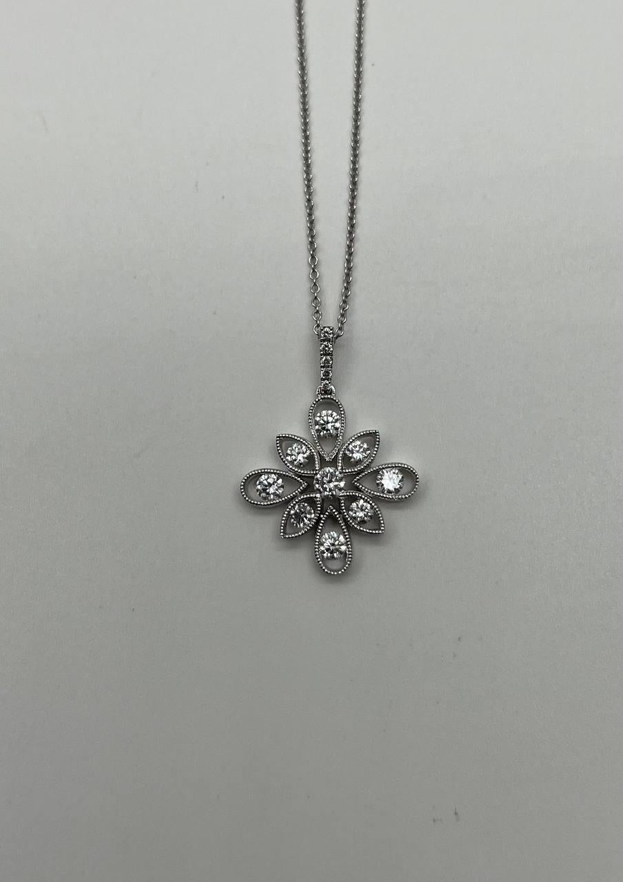 Diamond Snowflake Floral Flower Symbol Motif White Gold Pendant Chain Necklace