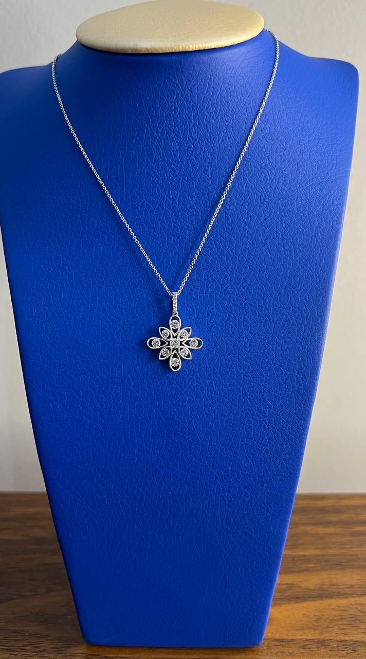 Diamond Snowflake Floral Flower Symbol Motif White Gold Pendant Chain Necklace