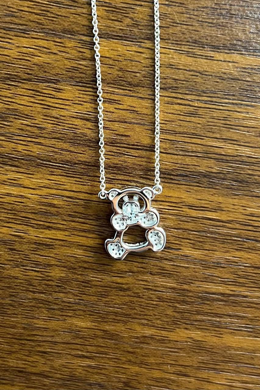 Teddy Bear Set Pave Diamonds Motif 18K Karat White Gold Pendant Chain Necklace