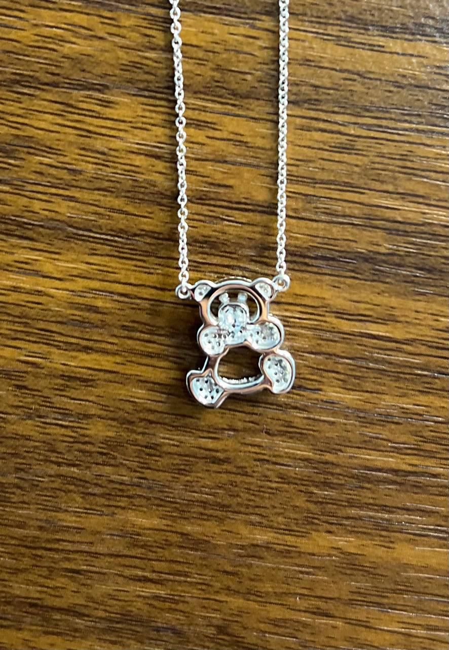Teddy Bear Set Pave Diamonds Motif 18K Karat White Gold Pendant Chain Necklace