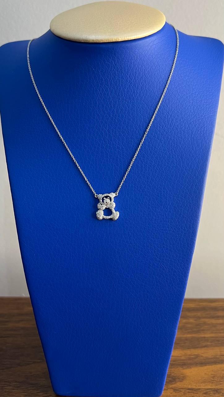 Teddy Bear Set Pave Diamonds Motif 18K Karat White Gold Pendant Chain Necklace