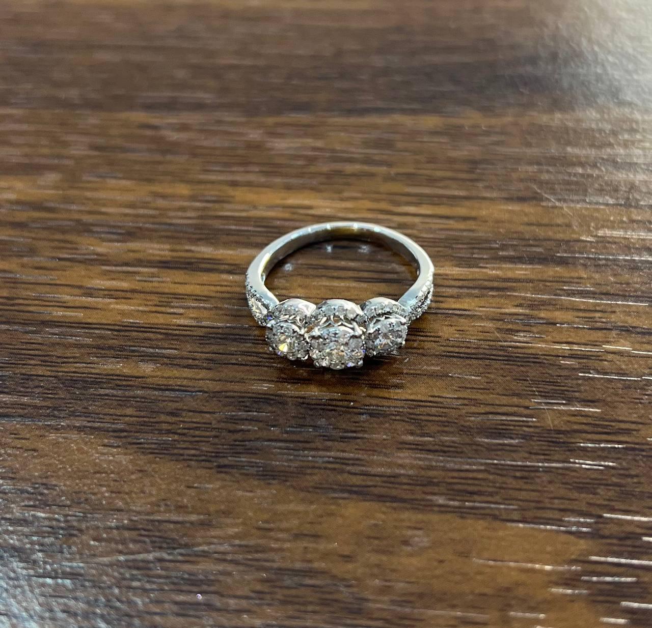 Diamonds Pave Set Round Cluster Halo 14K White Gold Statement Three Stone Ring