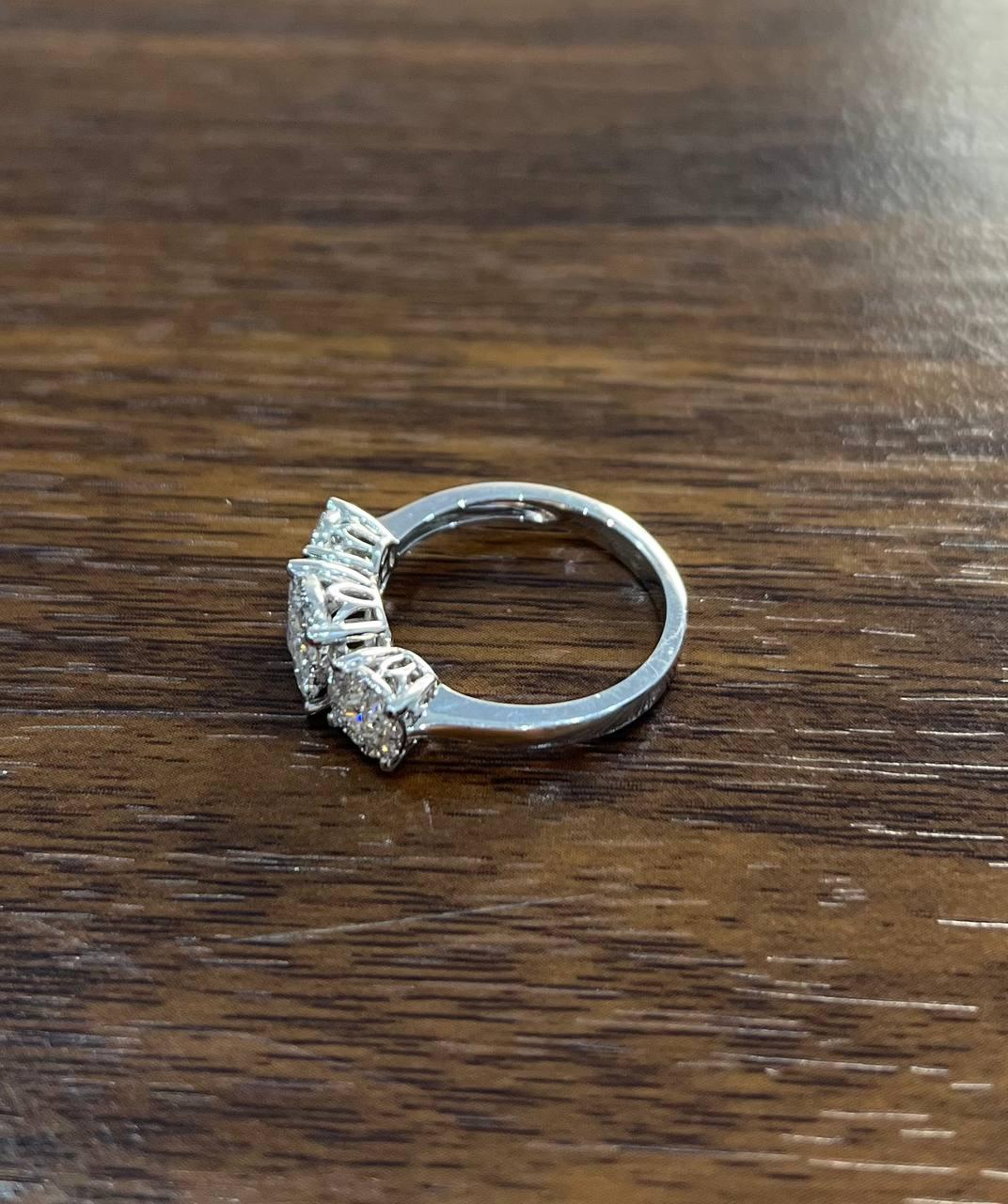 Diamonds Pave Set Round Cluster Halo 14K White Gold Statement Three Stone Ring