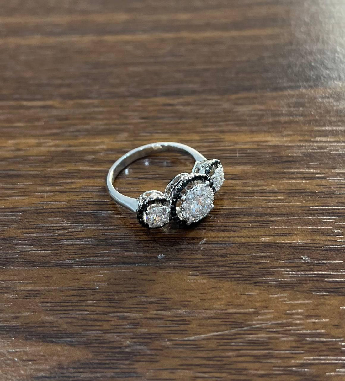 Diamonds Pave Set Round Cluster Black Diamonds Halo White Gold Three Stone Ring