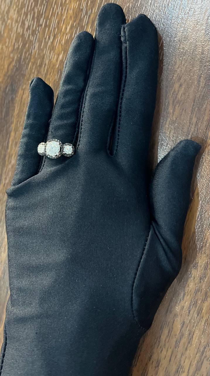 Diamonds Pave Set Round Cluster Black Diamonds Halo White Gold Three Stone Ring