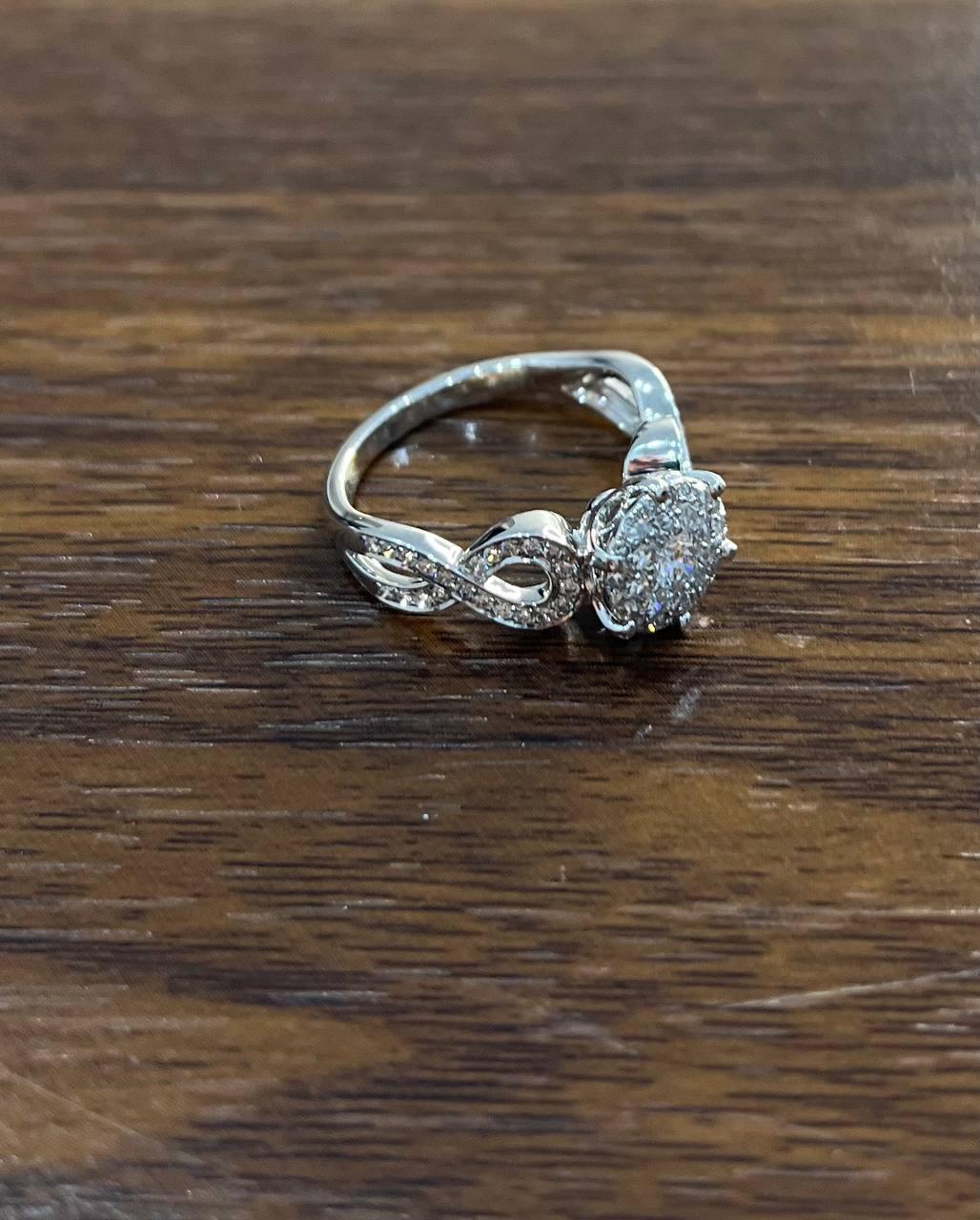 Diamonds Pave Set Cluster Round Halo Bypass Spiral 14K White Gold Statement Ring