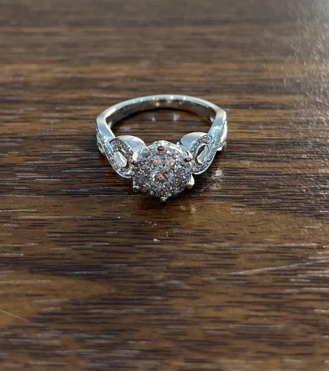 Diamonds Pave Set Cluster Round Halo Bypass Spiral 14K White Gold Statement Ring