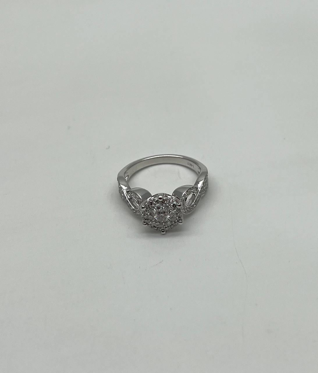 Diamonds Pave Set Cluster Round Halo Bypass Spiral 14K White Gold Statement Ring