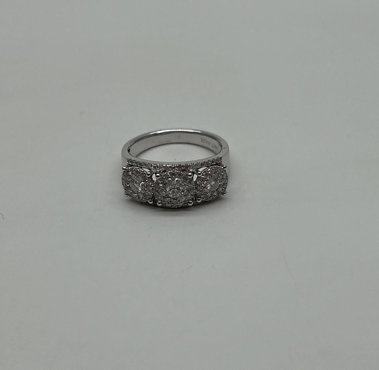 Diamonds Pave Set Round Cluster Halo Set White Gold Statement Three Stone Ring