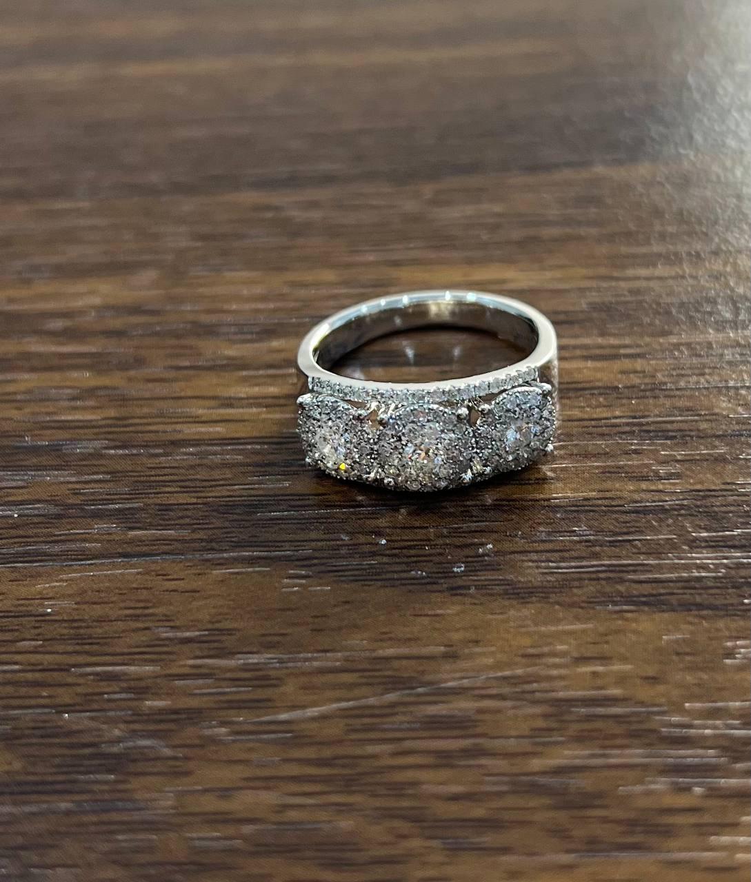 Diamonds Pave Set Round Cluster Halo Set White Gold Statement Three Stone Ring