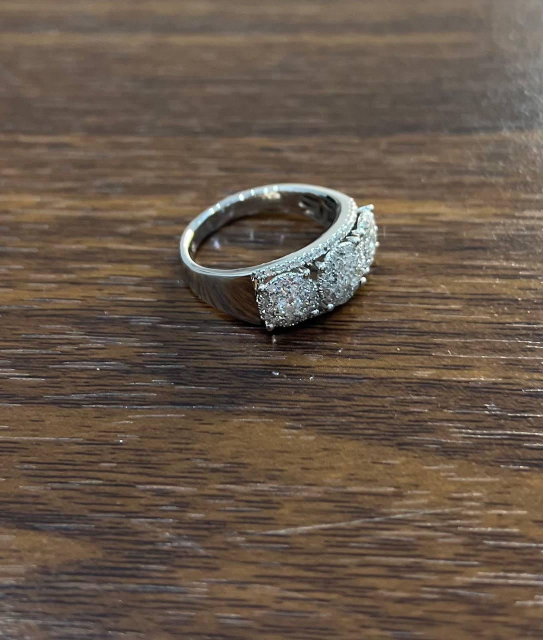 Diamonds Pave Set Round Cluster Halo Set White Gold Statement Three Stone Ring