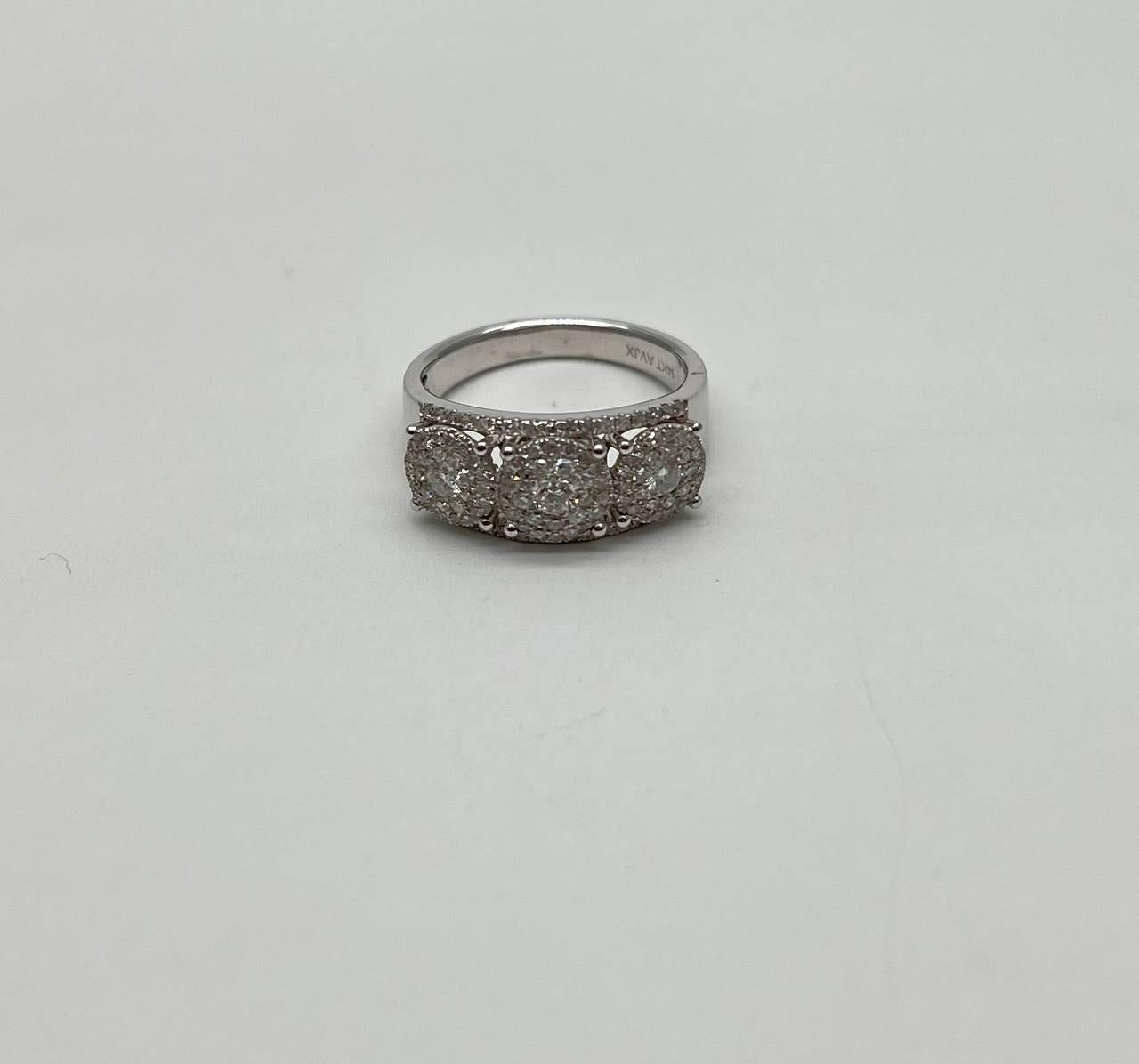 Diamonds Pave Set Round Cluster Halo Set White Gold Statement Three Stone Ring