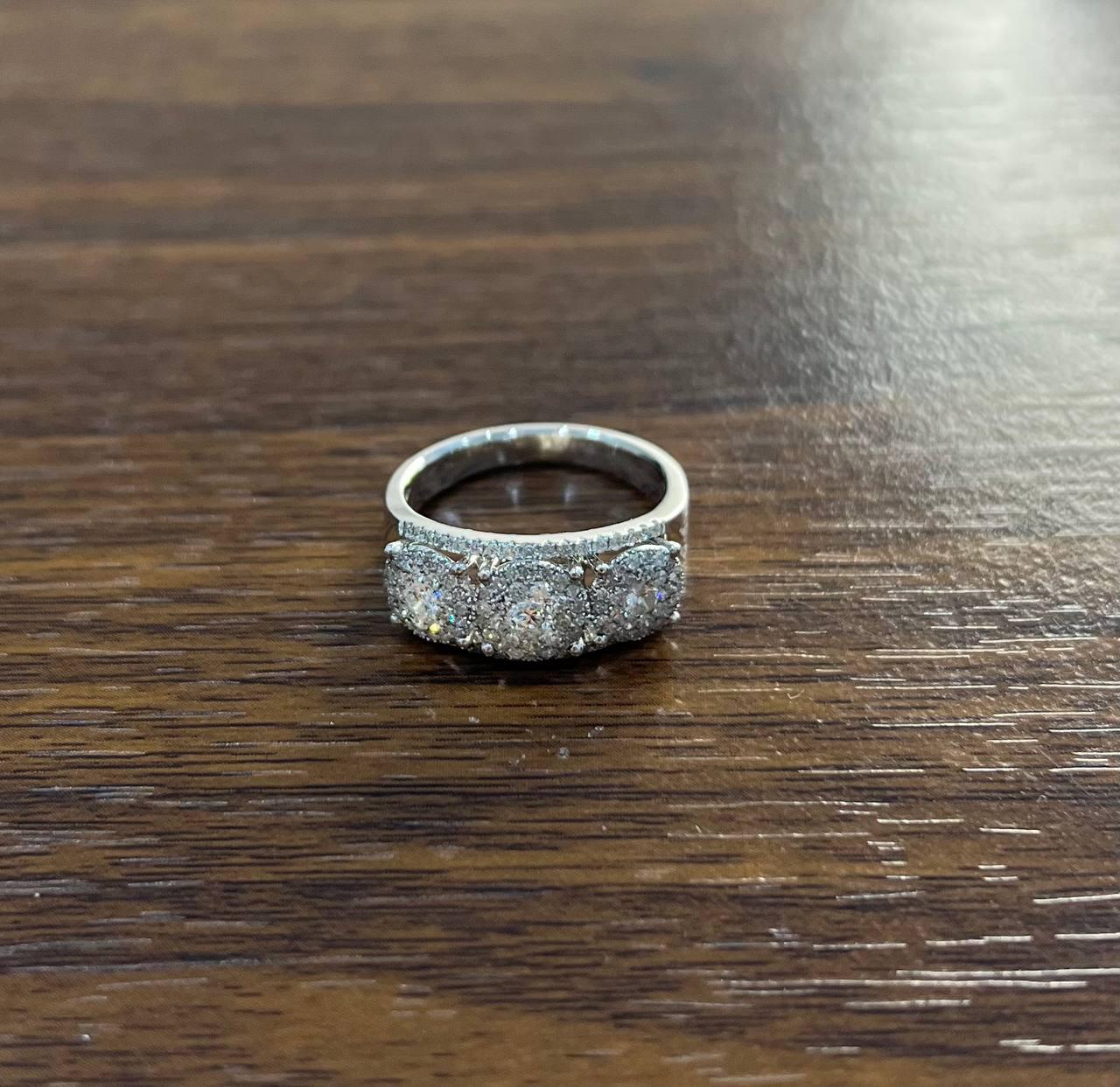 Diamonds Pave Set Round Cluster Halo Set White Gold Statement Three Stone Ring