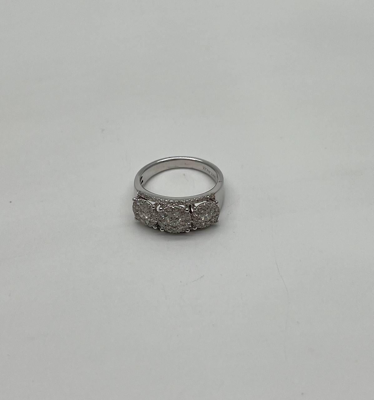 Diamonds Pave Set Round Cluster Halo Set White Gold Statement Three Stone Ring
