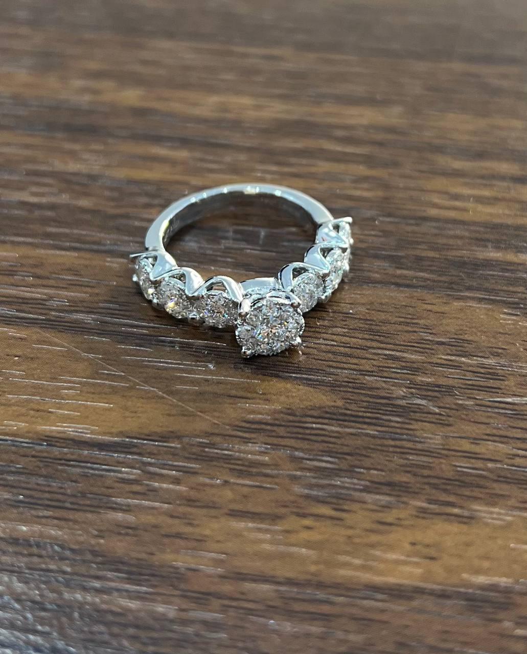 Diamonds Pave Set Cluster Halo Set 14K White Gold Statement Ring