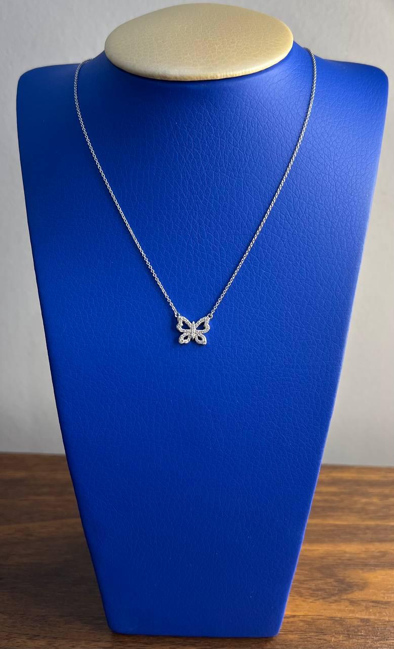 Butterfly Pave Set Diamonds Halo Motif 18K White Gold Pendant Chain Necklace