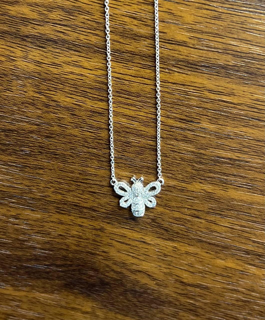 Honey Bee Symbol Diamonds Halo Motif 18K Karat White Gold Pendant Chain Necklace