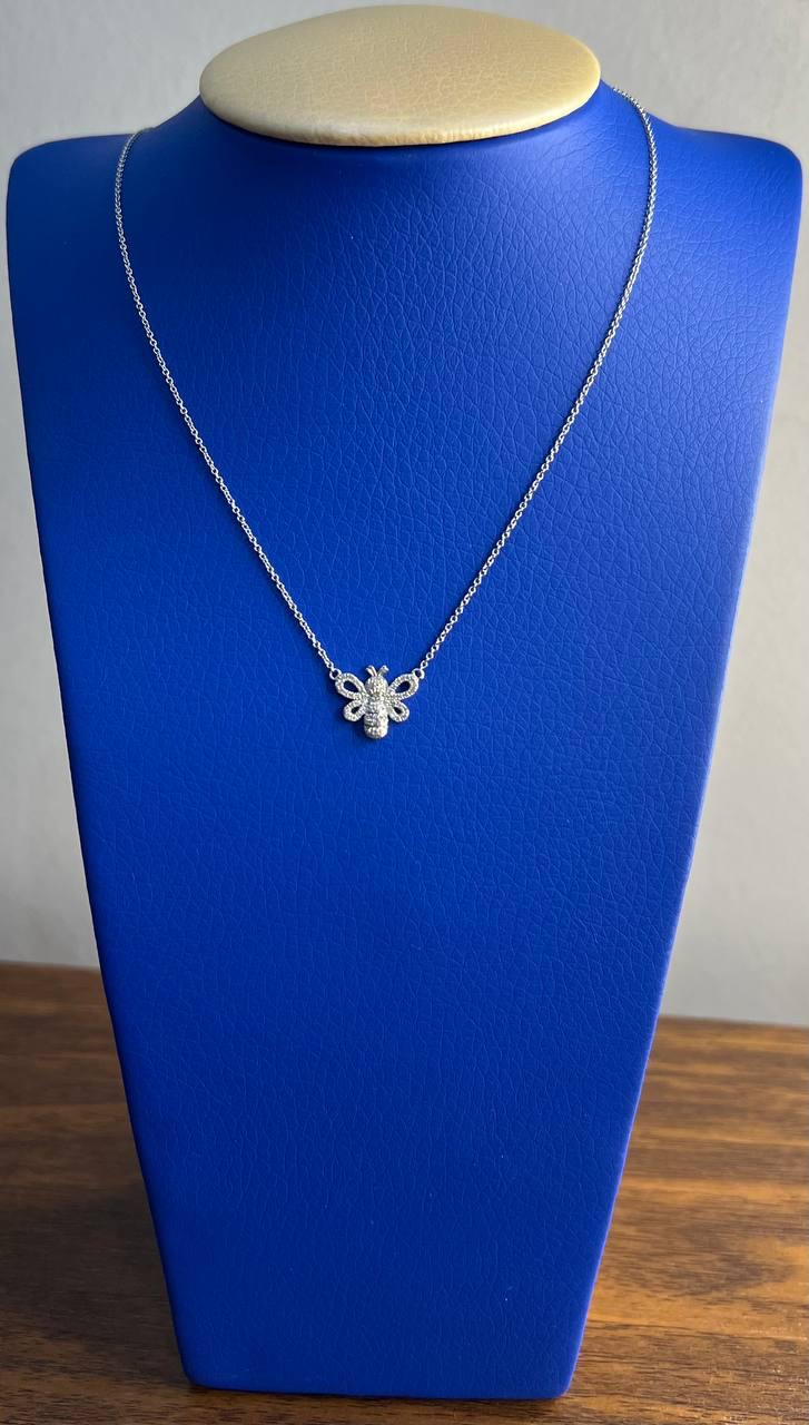 Honey Bee Symbol Diamonds Halo Motif 18K Karat White Gold Pendant Chain Necklace