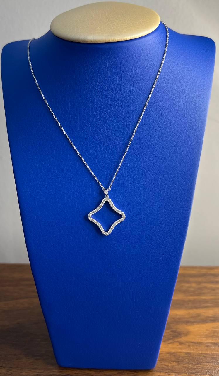 Clover Rhombus Diamonds Halo Motif 18K Karat White Gold Pendant Chain Necklace